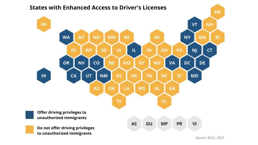 States with Enhanced Access to Driver's Licenses. 17 states offer driving privileges to unauthorized immigrants. 28 states do not offer driving privileges to unauthorized immigrants. Michigan is currently one of those states 