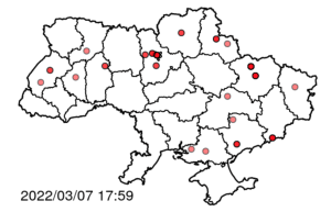 Image: Map of Ukraine with red dots representing incidents of conflict based on news reports from Ukrainian and Russian media, which were geocoded and classified into standard conflict event categories through machine learning. The photo is of specifically March 7, 2022 at 5:59PM